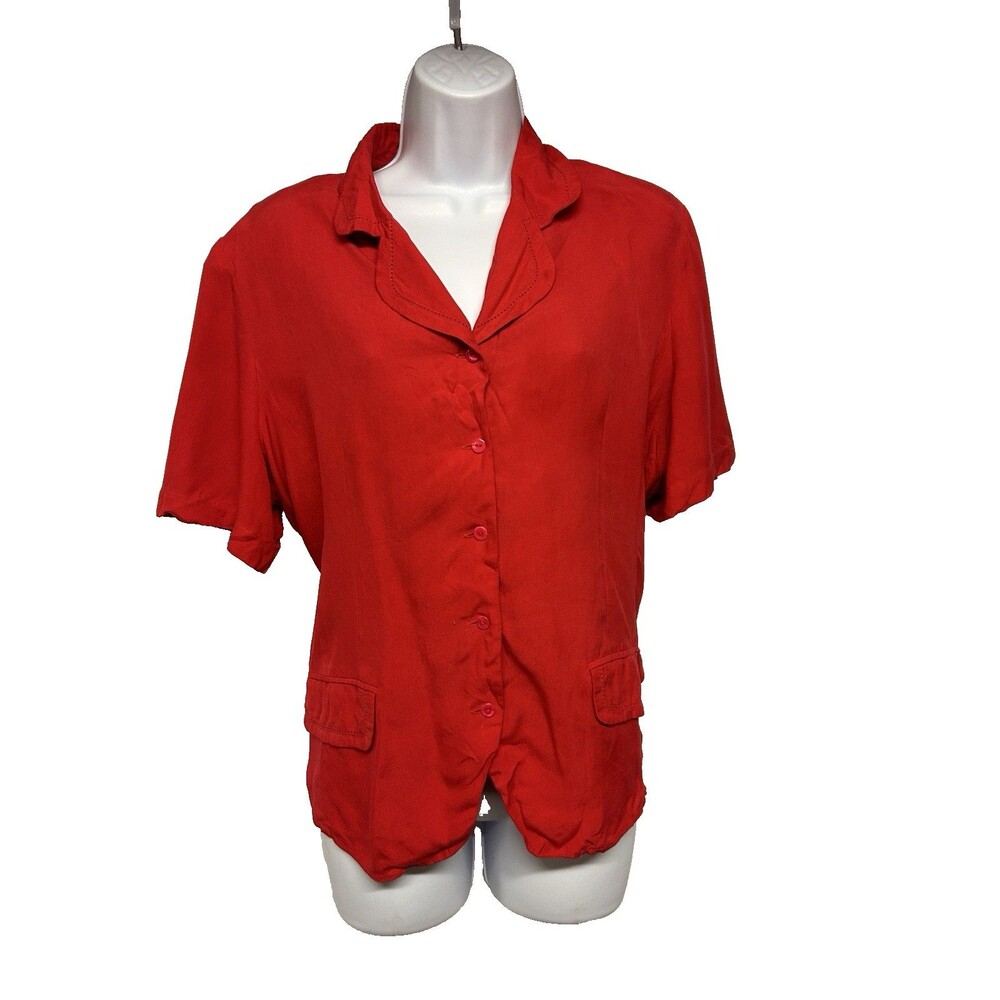 VTG Lee David Women's L Red 100% Silk Button Up Collar Blouse Adj Waist Tie Back